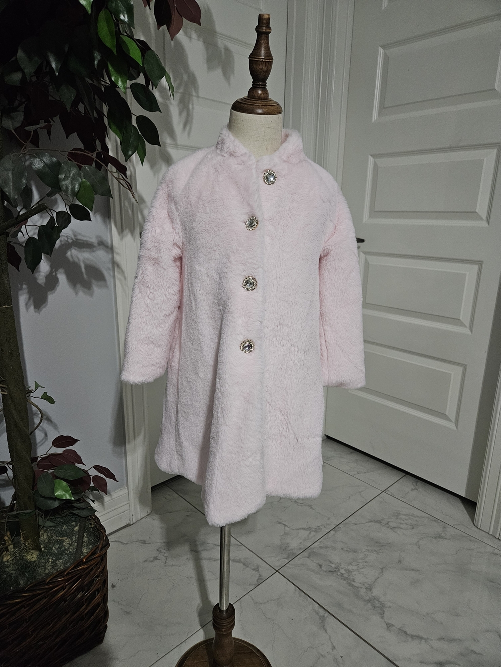 Blueberi Boulevard Light Pink Faux-Fur Girls' Coat with Decorative Buttons